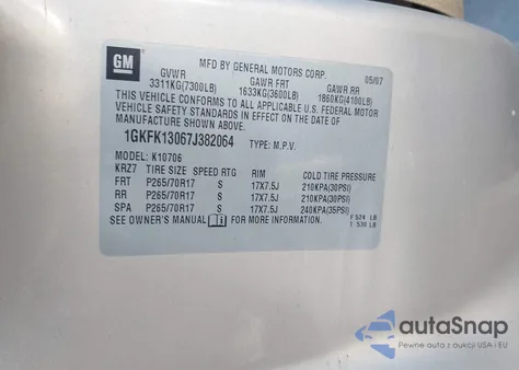 2007 GMC Yukon Slt z USA, uszkodzony, nr VIN 1GKFK13067J382064